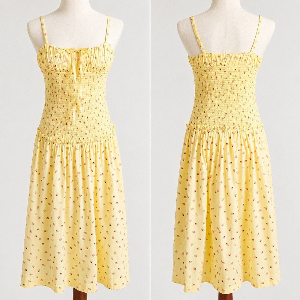 Free People NEW Lavender Daze Strawberry Butter Yellow Smocked Midi Dress Small - Picture 2 of 12